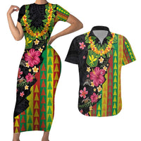 Hawaiian Independence Day Couples Matching Short Sleeve Bodycon Dress and Hawaiian Shirt Kanaka Maoli Symbols With Tapa Motifs and Tropical Plants - Polynesian Pride
