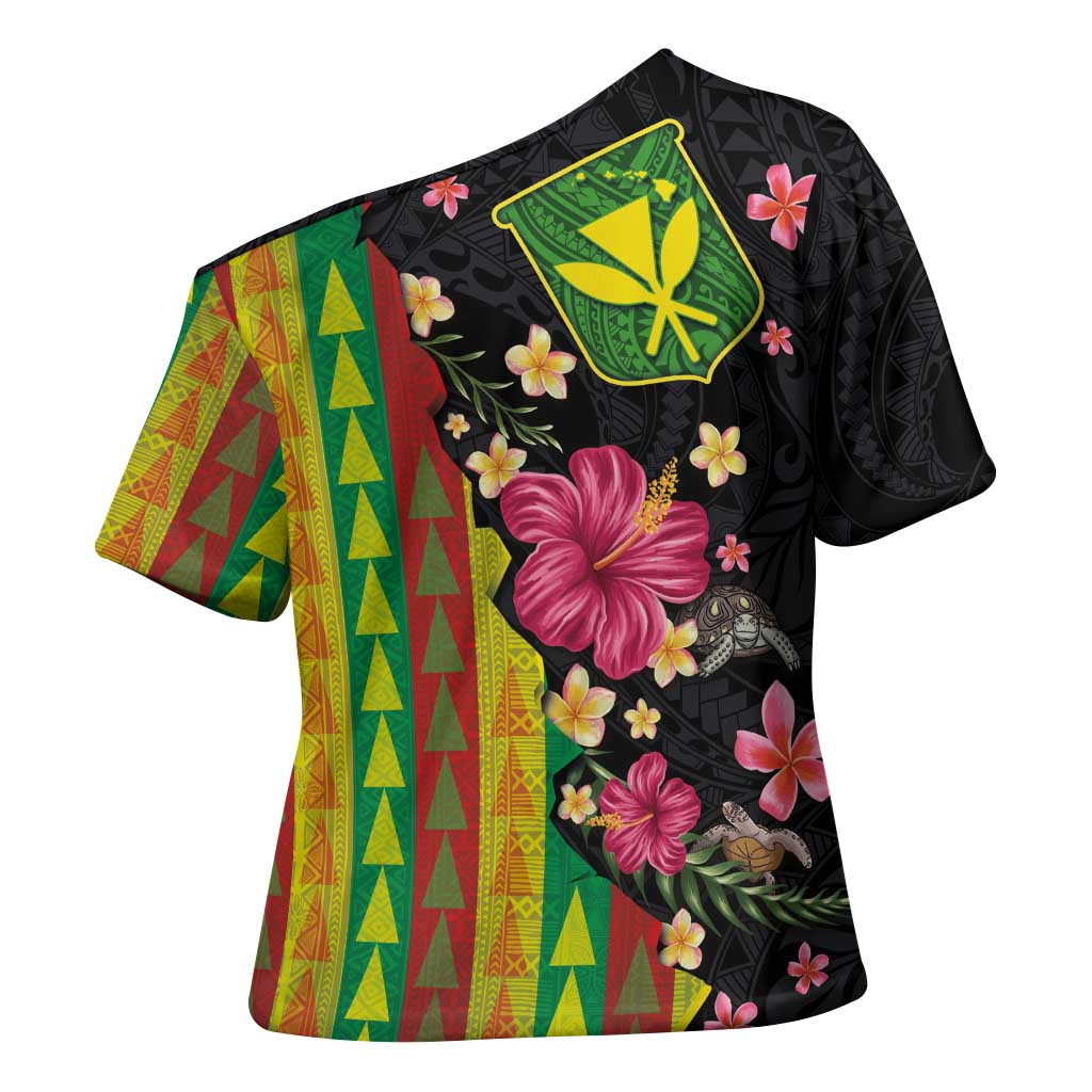 Hawaiian Independence Day Cross Shoulder Shirt Kanaka Maoli Symbols With Tapa Motifs and Tropical Plants - Polynesian Pride