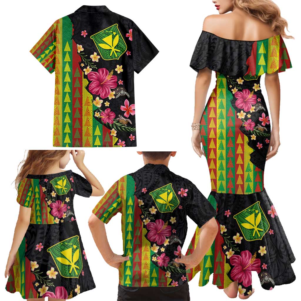Hawaiian Independence Day Family Matching Mermaid Dress and Hawaiian Shirt Kanaka Maoli Symbols With Tapa Motifs and Tropical Plants - Polynesian Pride