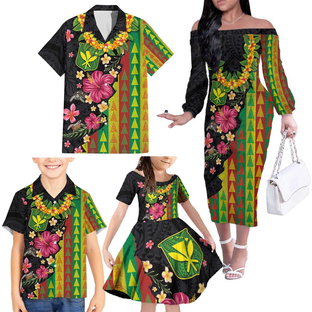 Hawaiian Independence Day Family Matching Off The Shoulder Long Sleeve Dress and Hawaiian Shirt Kanaka Maoli Symbols With Tapa Motifs and Tropical Plants - Polynesian Pride