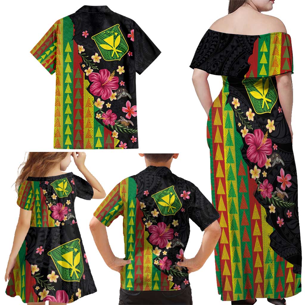 Hawaiian Independence Day Family Matching Off Shoulder Maxi Dress and Hawaiian Shirt Kanaka Maoli Symbols With Tapa Motifs and Tropical Plants - Polynesian Pride