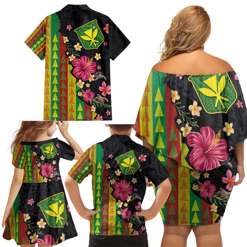 Hawaiian Independence Day Family Matching Off Shoulder Short Dress and Hawaiian Shirt Kanaka Maoli Symbols With Tapa Motifs and Tropical Plants - Polynesian Pride