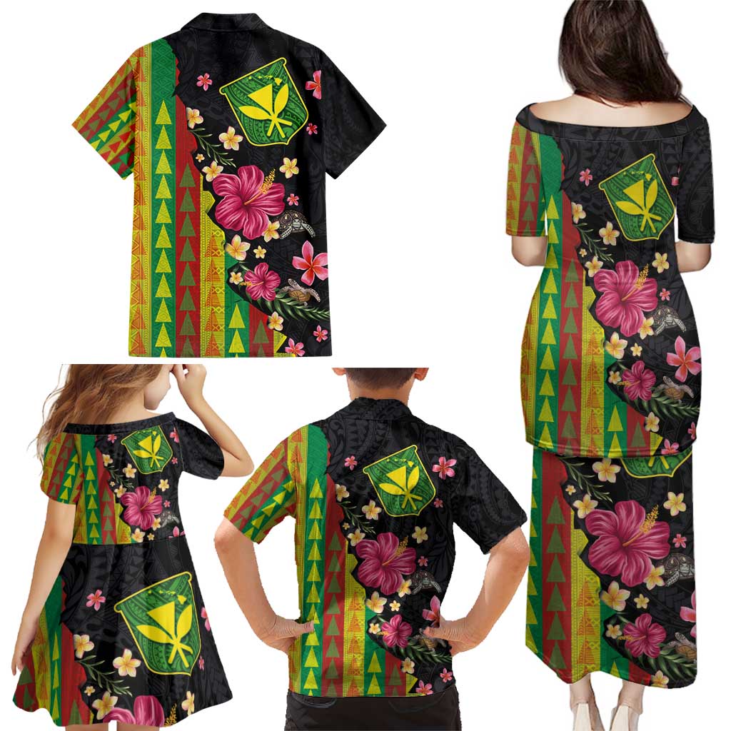 Hawaiian Independence Day Family Matching Puletasi and Hawaiian Shirt Kanaka Maoli Symbols With Tapa Motifs and Tropical Plants - Polynesian Pride