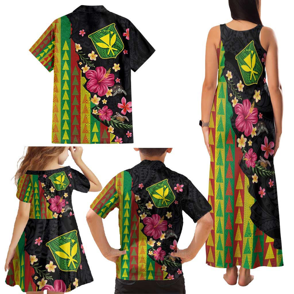 Hawaiian Independence Day Family Matching Tank Maxi Dress and Hawaiian Shirt Kanaka Maoli Symbols With Tapa Motifs and Tropical Plants - Polynesian Pride