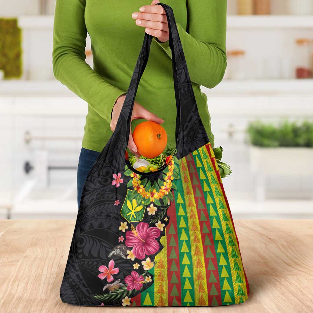 Hawaiian Independence Day Grocery Bag Kanaka Maoli Symbols With Tapa Motifs and Tropical Plants - Polynesian Pride