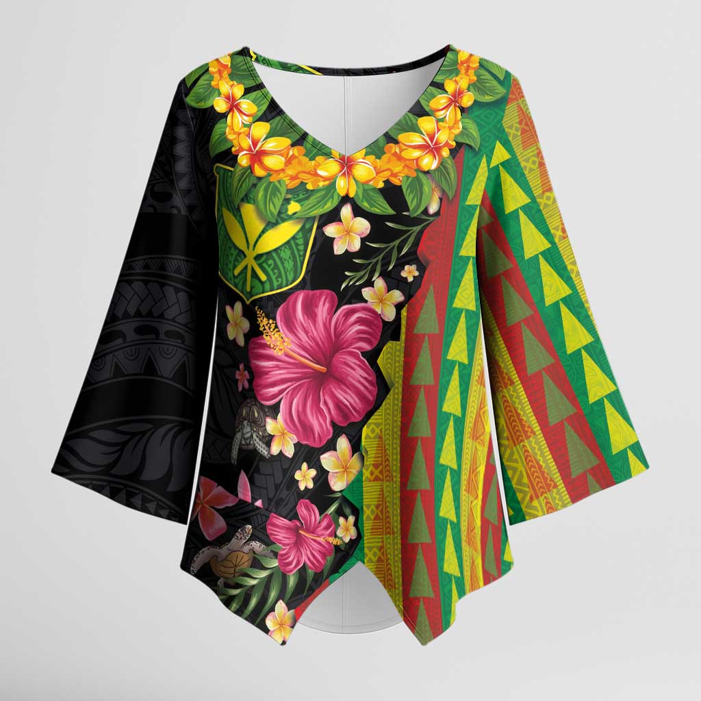 Hawaiian Independence Day Kimono Sleeve Blouse Kanaka Maoli Symbols With Tapa Motifs and Tropical Plants - Polynesian Pride