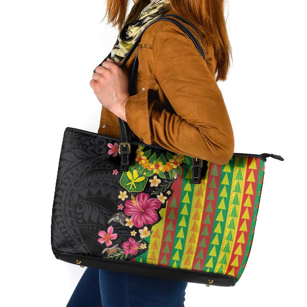 Hawaiian Independence Day Leather Tote Bag Kanaka Maoli Symbols With Tapa Motifs and Tropical Plants - Polynesian Pride