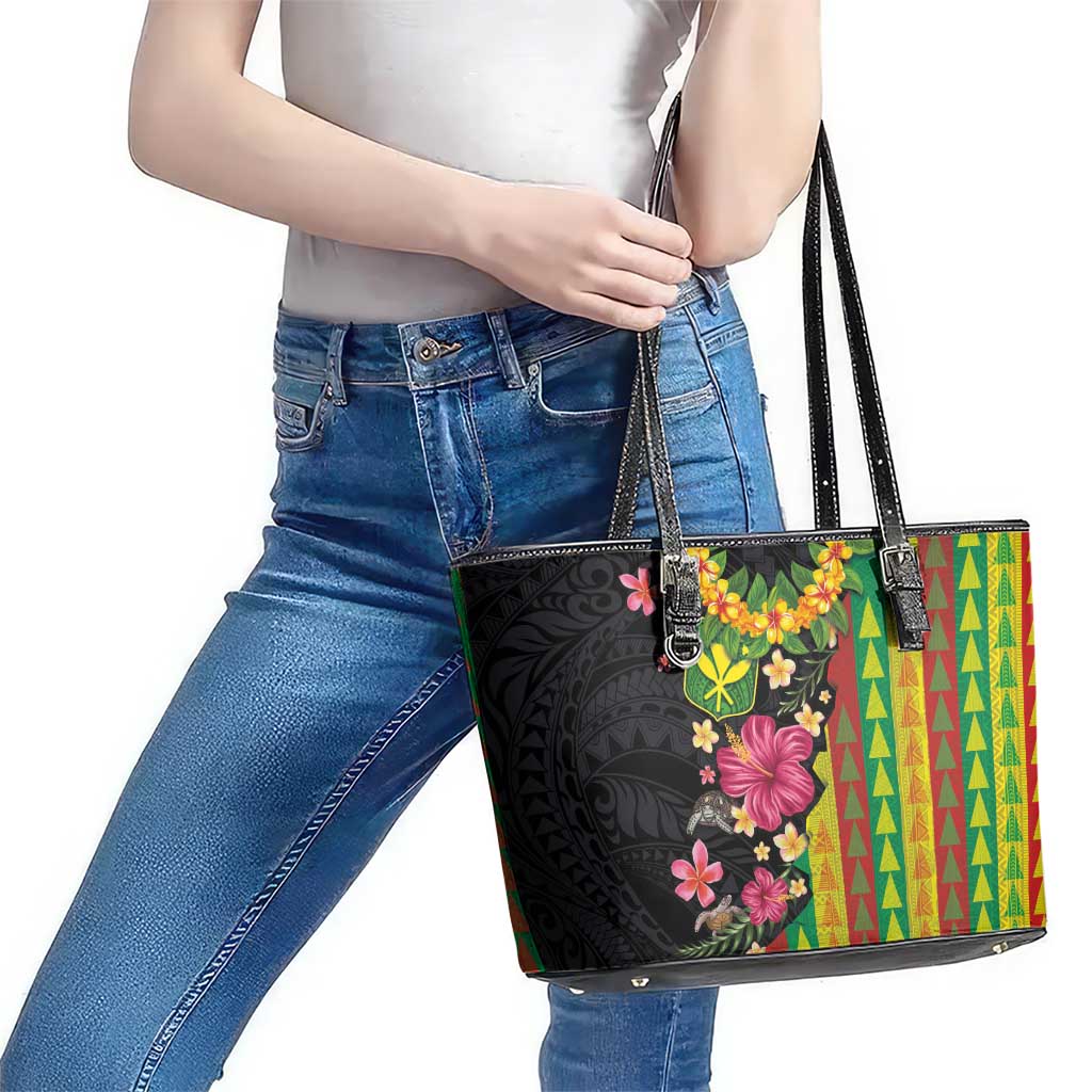 Hawaiian Independence Day Leather Tote Bag Kanaka Maoli Symbols With Tapa Motifs and Tropical Plants - Polynesian Pride