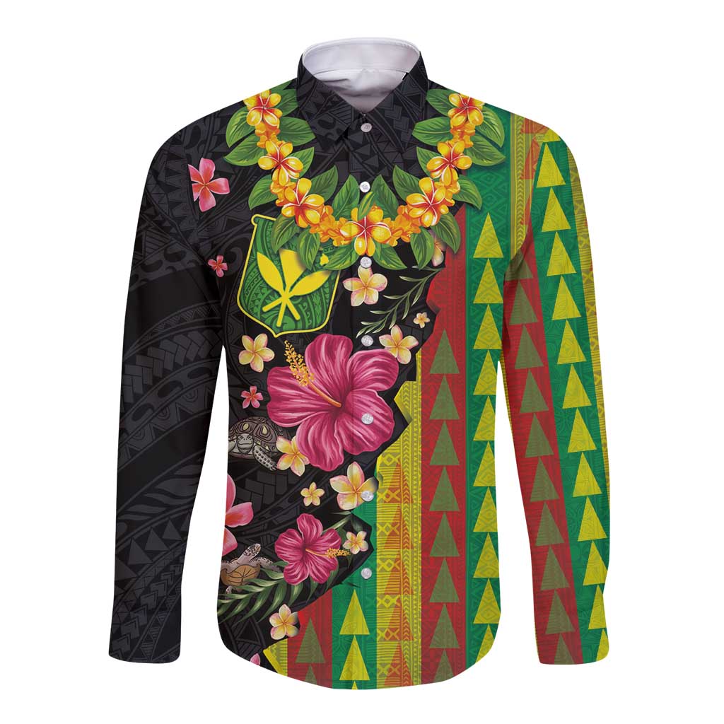Hawaiian Independence Day Long Sleeve Button Shirt Kanaka Maoli Symbols With Tapa Motifs and Tropical Plants - Polynesian Pride