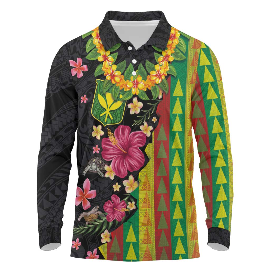 Hawaiian Independence Day Long Sleeve Polo Shirt Kanaka Maoli Symbols With Tapa Motifs and Tropical Plants - Polynesian Pride