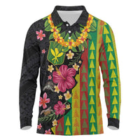 Hawaiian Independence Day Long Sleeve Polo Shirt Kanaka Maoli Symbols With Tapa Motifs and Tropical Plants - Polynesian Pride