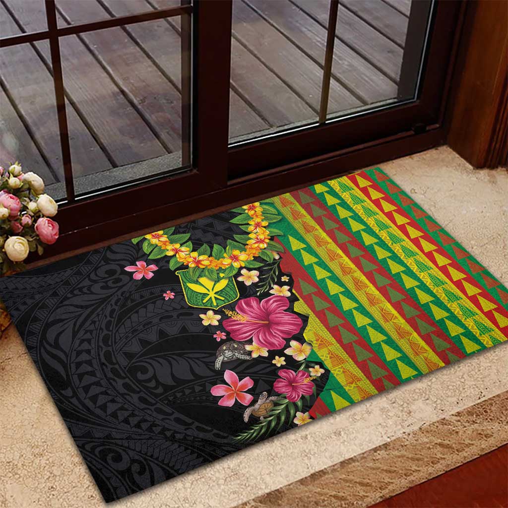 Hawaiian Independence Day Rubber Doormat Kanaka Maoli Symbols With Tapa Motifs and Tropical Plants - Polynesian Pride