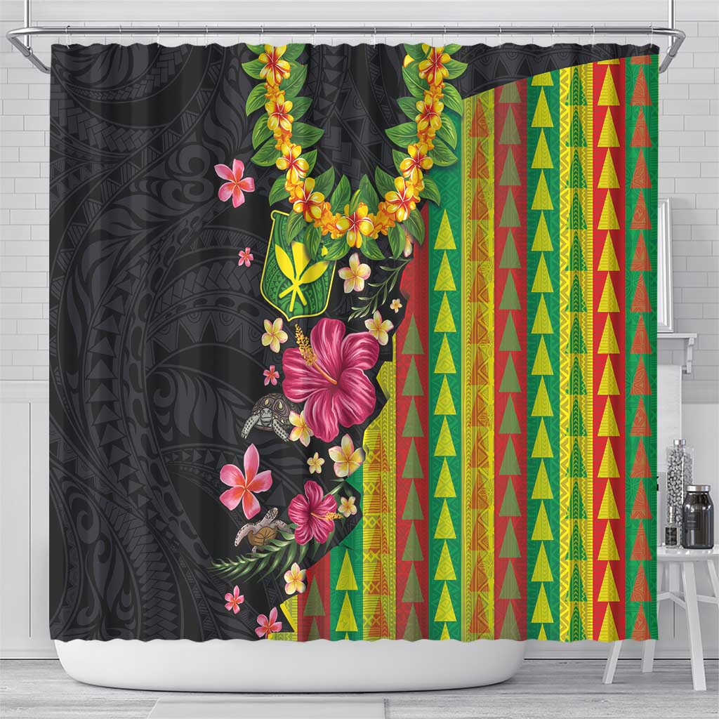 Hawaiian Independence Day Shower Curtain Kanaka Maoli Symbols With Tapa Motifs and Tropical Plants - Polynesian Pride