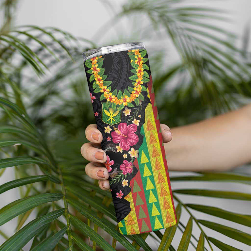 Hawaiian Independence Day Skinny Tumbler Kanaka Maoli Symbols With Tapa Motifs and Tropical Plants - Polynesian Pride