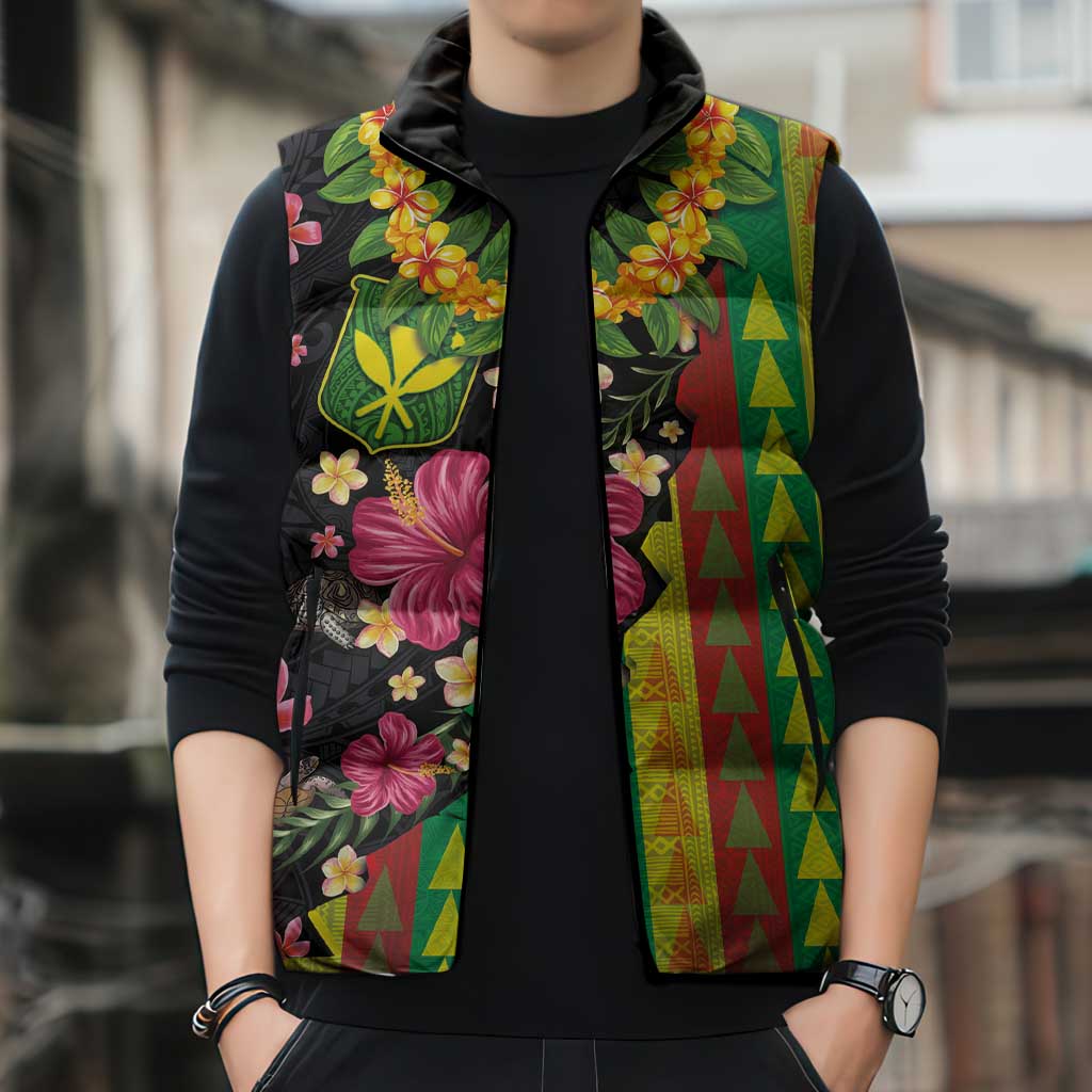 Hawaiian Independence Day Sleeveless Puffer Jacket Kanaka Maoli Symbols With Tapa Motifs and Tropical Plants - Polynesian Pride