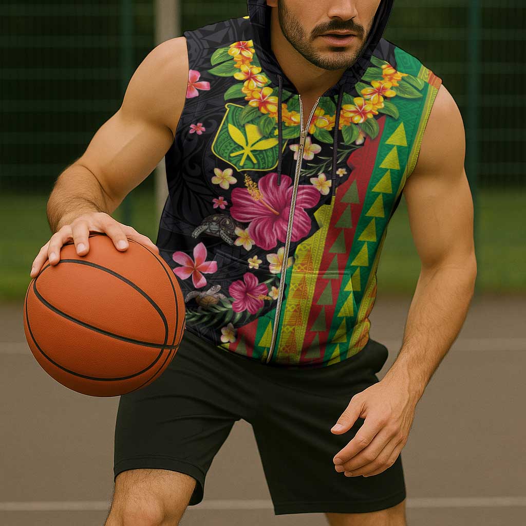 Hawaiian Independence Day Sleeveless Zip Hoodie Kanaka Maoli Symbols With Tapa Motifs and Tropical Plants - Polynesian Pride