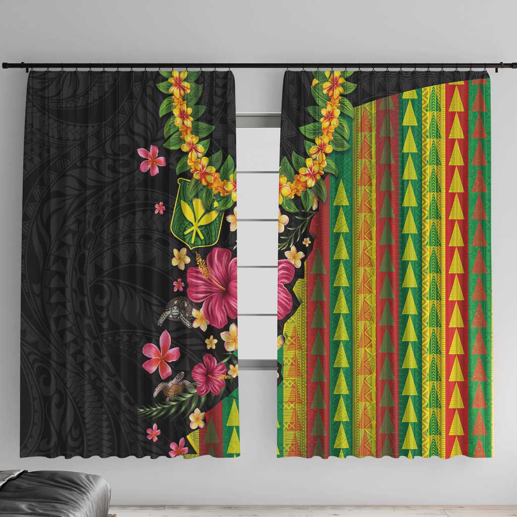 Hawaiian Independence Day Window Curtain Kanaka Maoli Symbols With Tapa Motifs and Tropical Plants - Polynesian Pride