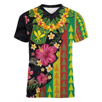 Hawaiian Independence Day Women V-Neck T-Shirt Kanaka Maoli Symbols With Tapa Motifs and Tropical Plants - Polynesian Pride