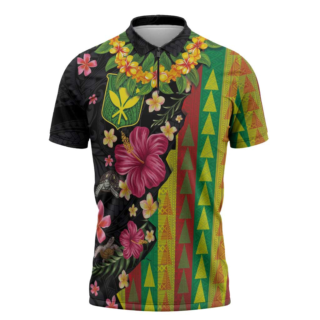 Hawaiian Independence Day Zipper Polo Shirt Kanaka Maoli Symbols With Tapa Motifs and Tropical Plants - Polynesian Pride
