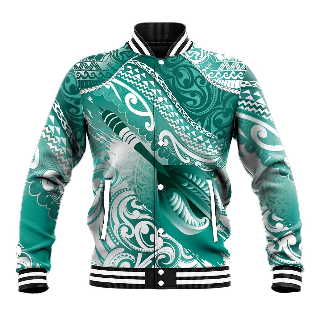 Personalised New Zealand Aotearoa Darts Masters Baseball Jacket Maori Art Tattoo with Tribal Dart Symbol Teal Color - Polynesian Pride