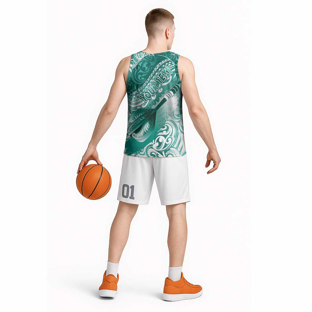 Personalised New Zealand Aotearoa Darts Masters Basketball Jersey Maori Art Tattoo with Tribal Dart Symbol Teal Color LT03 - Polynesian Pride