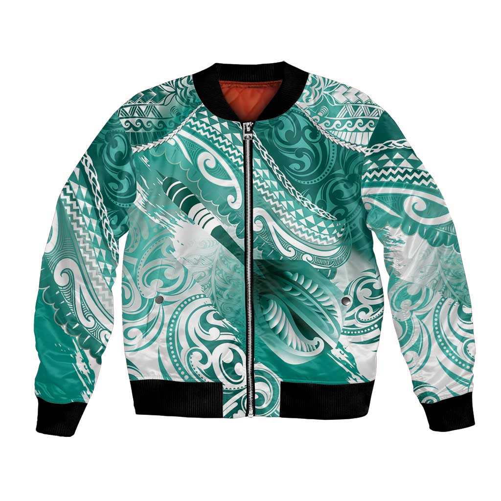 Personalised New Zealand Aotearoa Darts Masters Bomber Jacket Maori Art Tattoo with Tribal Dart Symbol Teal Color - Polynesian Pride