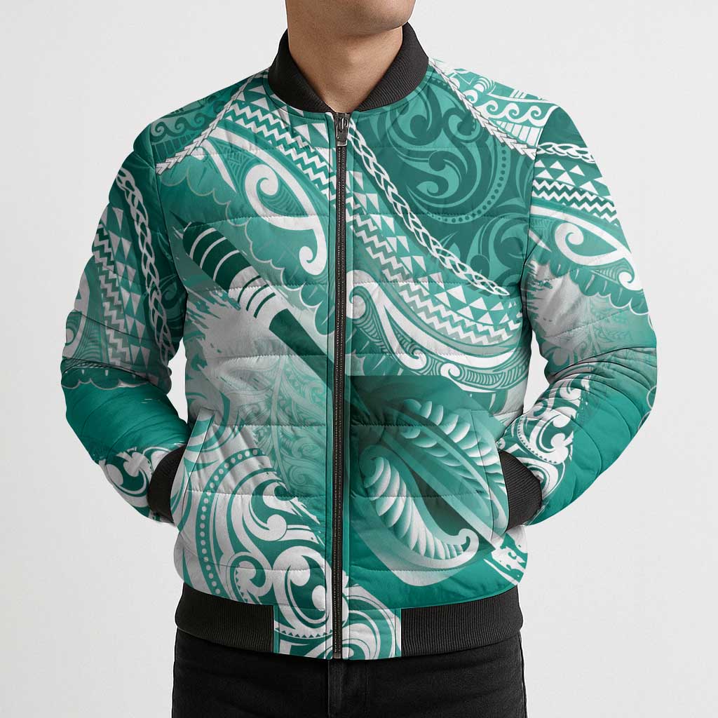 Personalised New Zealand Aotearoa Darts Masters Bomber Puffer Jacket Maori Art Tattoo with Tribal Dart Symbol Teal Color LT03 - Polynesian Pride