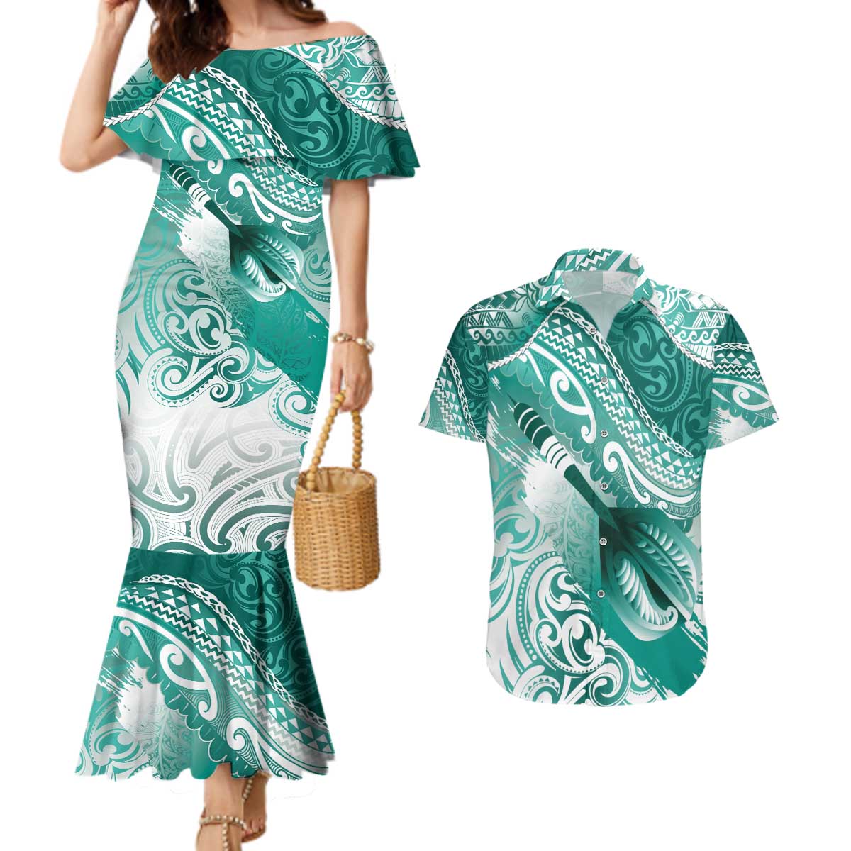 Personalised New Zealand Aotearoa Darts Masters Couples Matching Mermaid Dress and Hawaiian Shirt Maori Art Tattoo with Tribal Dart Symbol Teal Color - Polynesian Pride