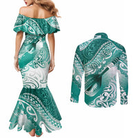 Personalised New Zealand Aotearoa Darts Masters Couples Matching Mermaid Dress and Long Sleeve Button Shirt Maori Art Tattoo with Tribal Dart Symbol Teal Color - Polynesian Pride