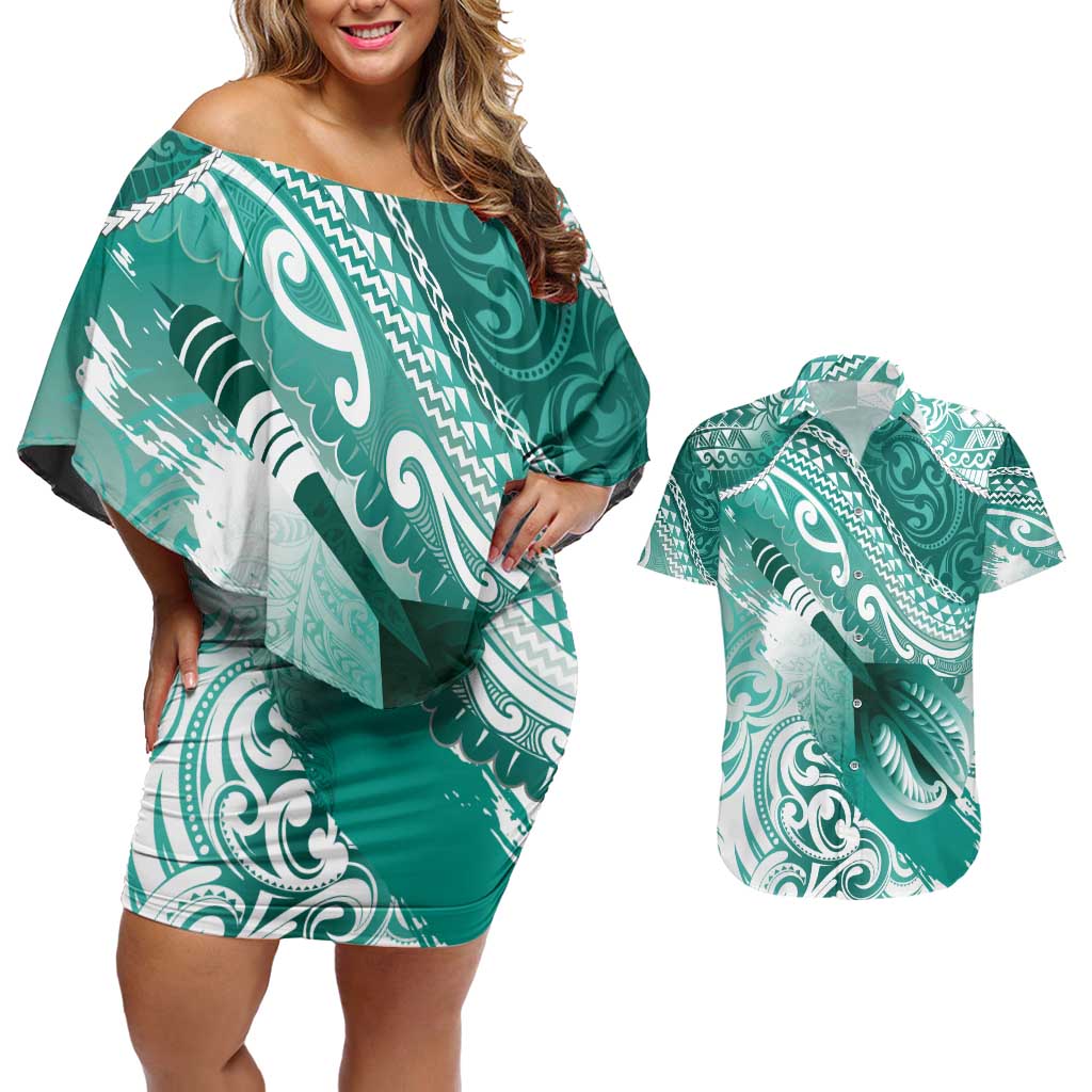 Personalised New Zealand Aotearoa Darts Masters Couples Matching Off Shoulder Short Dress and Hawaiian Shirt Maori Art Tattoo with Tribal Dart Symbol Teal Color - Polynesian Pride