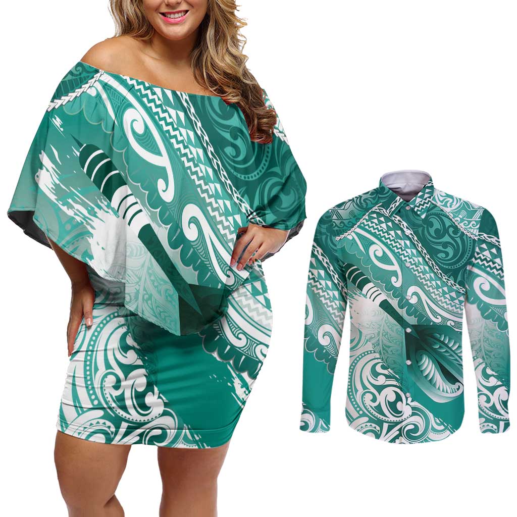 Personalised New Zealand Aotearoa Darts Masters Couples Matching Off Shoulder Short Dress and Long Sleeve Button Shirt Maori Art Tattoo with Tribal Dart Symbol Teal Color - Polynesian Pride