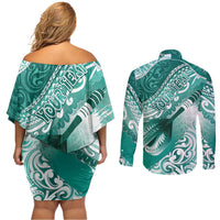Personalised New Zealand Aotearoa Darts Masters Couples Matching Off Shoulder Short Dress and Long Sleeve Button Shirt Maori Art Tattoo with Tribal Dart Symbol Teal Color - Polynesian Pride