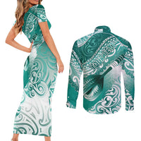 Personalised New Zealand Aotearoa Darts Masters Couples Matching Short Sleeve Bodycon Dress and Long Sleeve Button Shirt Maori Art Tattoo with Tribal Dart Symbol Teal Color - Polynesian Pride