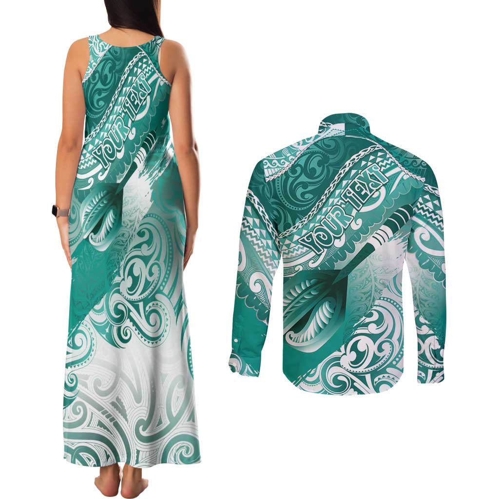 Personalised New Zealand Aotearoa Darts Masters Couples Matching Tank Maxi Dress and Long Sleeve Button Shirt Maori Art Tattoo with Tribal Dart Symbol Teal Color - Polynesian Pride