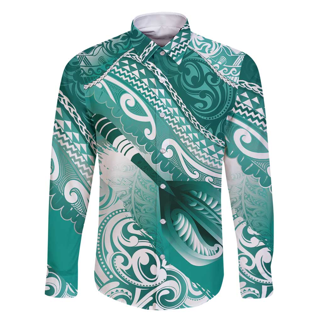 Personalised New Zealand Aotearoa Darts Masters Family Matching Long Sleeve Bodycon Dress and Hawaiian Shirt Maori Art Tattoo with Tribal Dart Symbol Teal Color LT03 Dad's Shirt - Long Sleeve Teal - Polynesian Pride