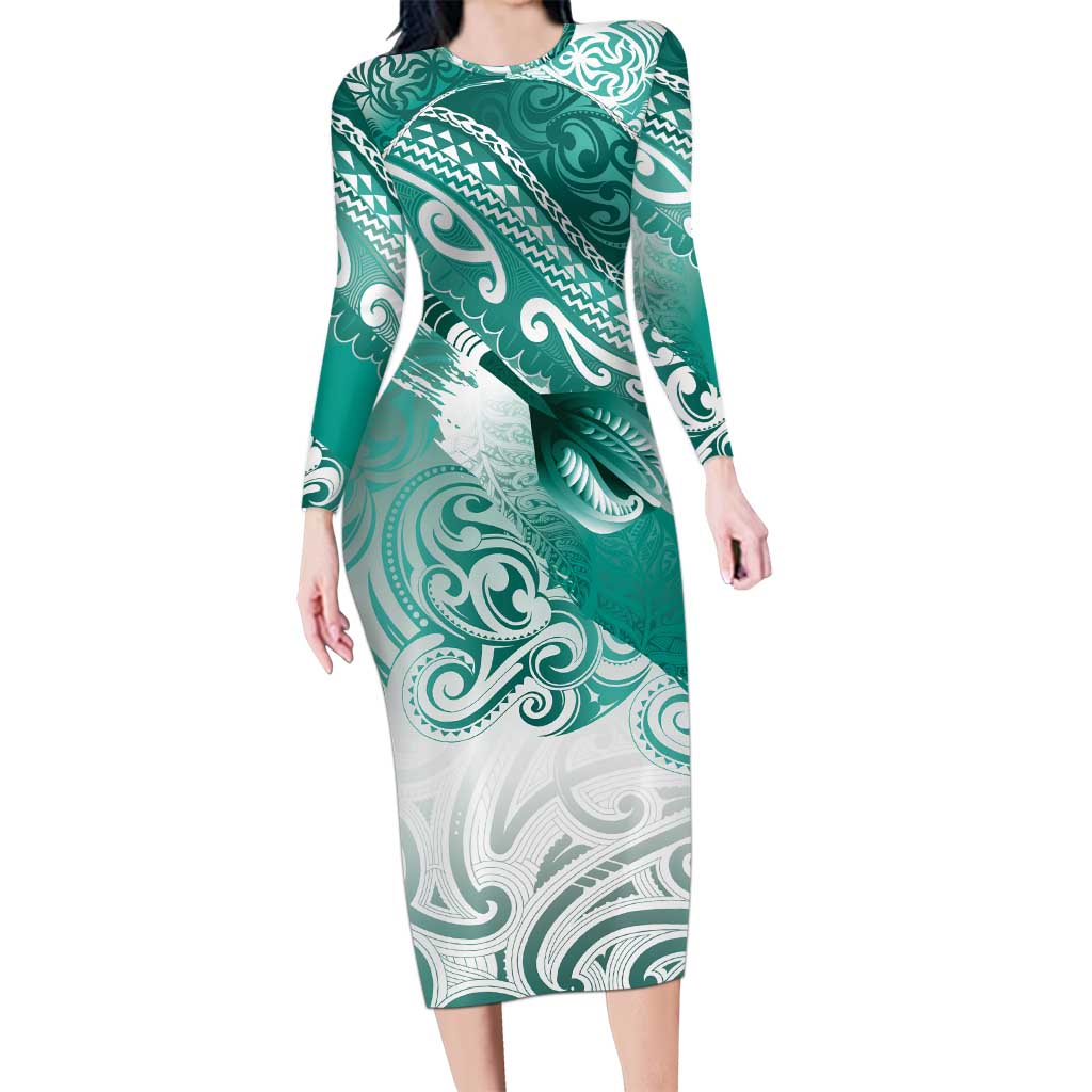 Personalised New Zealand Aotearoa Darts Masters Family Matching Long Sleeve Bodycon Dress and Hawaiian Shirt Maori Art Tattoo with Tribal Dart Symbol Teal Color LT03 Mom's Dress Teal - Polynesian Pride