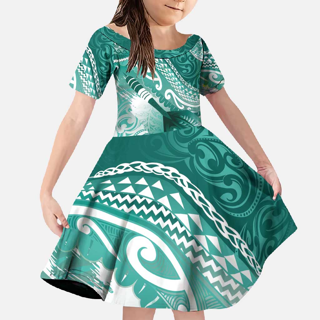 Personalised New Zealand Aotearoa Darts Masters Family Matching Mermaid Dress and Hawaiian Shirt Maori Art Tattoo with Tribal Dart Symbol Teal Color LT03 Daughter's Dress Teal - Polynesian Pride