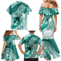 Personalised New Zealand Aotearoa Darts Masters Family Matching Mermaid Dress and Hawaiian Shirt Maori Art Tattoo with Tribal Dart Symbol Teal Color LT03 - Polynesian Pride