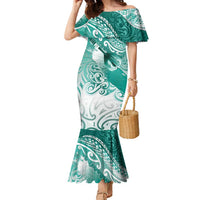 Personalised New Zealand Aotearoa Darts Masters Family Matching Mermaid Dress and Hawaiian Shirt Maori Art Tattoo with Tribal Dart Symbol Teal Color LT03 Mom's Dress Teal - Polynesian Pride