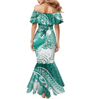 Personalised New Zealand Aotearoa Darts Masters Family Matching Mermaid Dress and Hawaiian Shirt Maori Art Tattoo with Tribal Dart Symbol Teal Color LT03 - Polynesian Pride