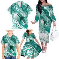 Personalised New Zealand Aotearoa Darts Masters Family Matching Off The Shoulder Long Sleeve Dress and Hawaiian Shirt Maori Art Tattoo with Tribal Dart Symbol Teal Color - Polynesian Pride