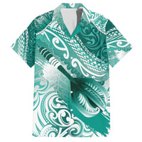Personalised New Zealand Aotearoa Darts Masters Family Matching Off The Shoulder Long Sleeve Dress and Hawaiian Shirt Maori Art Tattoo with Tribal Dart Symbol Teal Color - Polynesian Pride