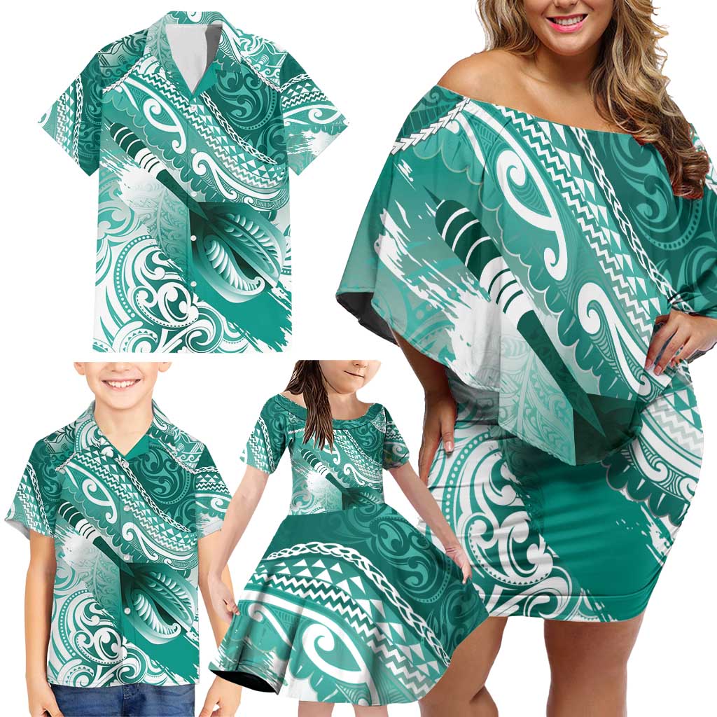 Personalised New Zealand Aotearoa Darts Masters Family Matching Off Shoulder Short Dress and Hawaiian Shirt Maori Art Tattoo with Tribal Dart Symbol Teal Color - Polynesian Pride