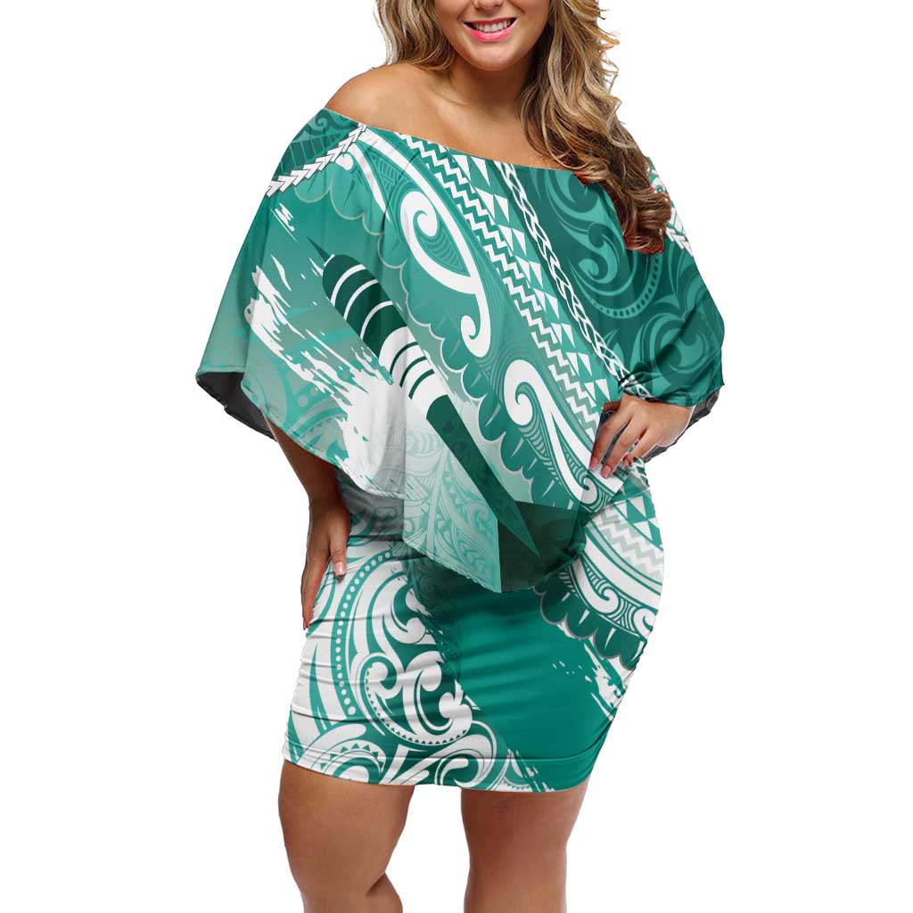 Personalised New Zealand Aotearoa Darts Masters Family Matching Off Shoulder Short Dress and Hawaiian Shirt Maori Art Tattoo with Tribal Dart Symbol Teal Color - Polynesian Pride