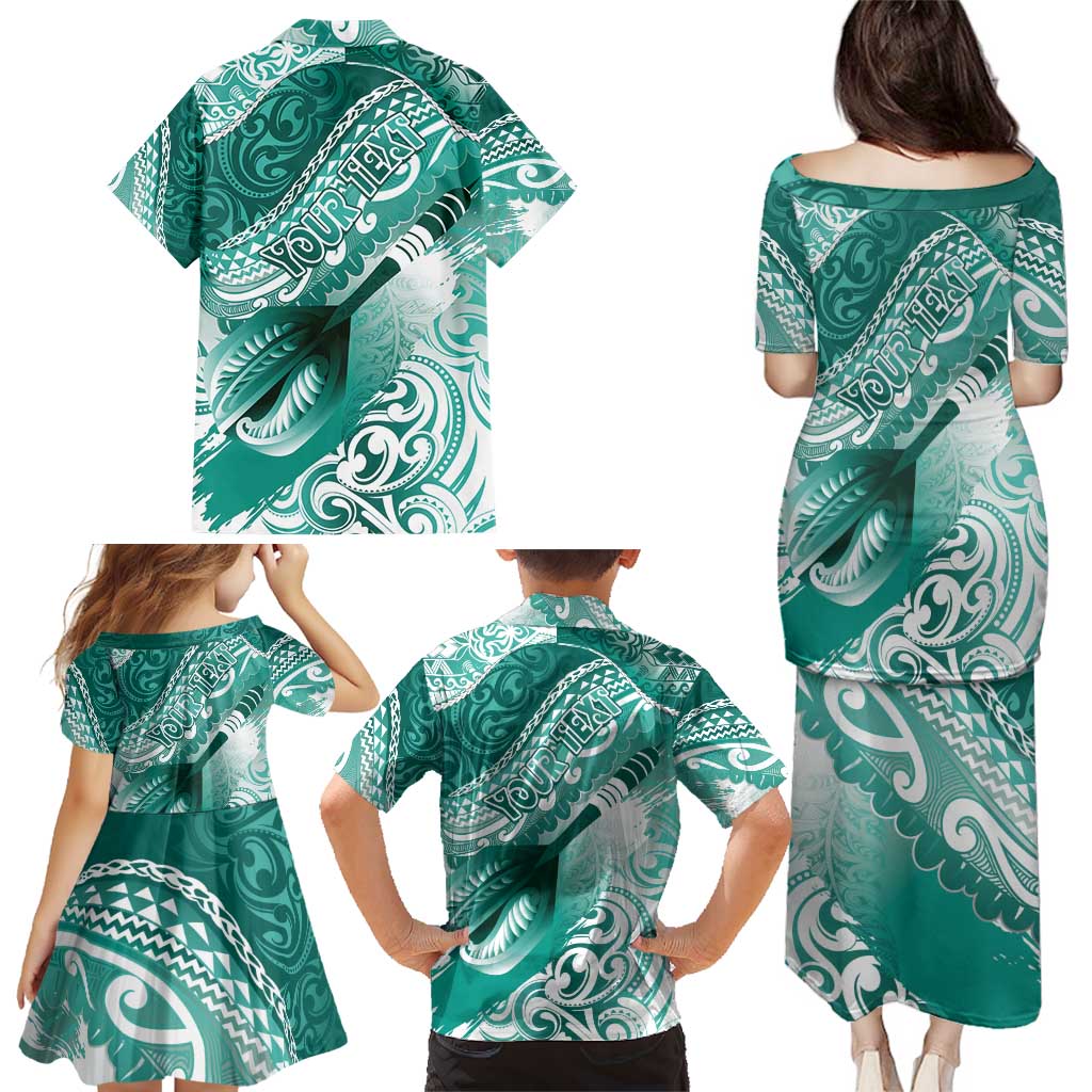 Personalised New Zealand Aotearoa Darts Masters Family Matching Puletasi and Hawaiian Shirt Maori Art Tattoo with Tribal Dart Symbol Teal Color - Polynesian Pride