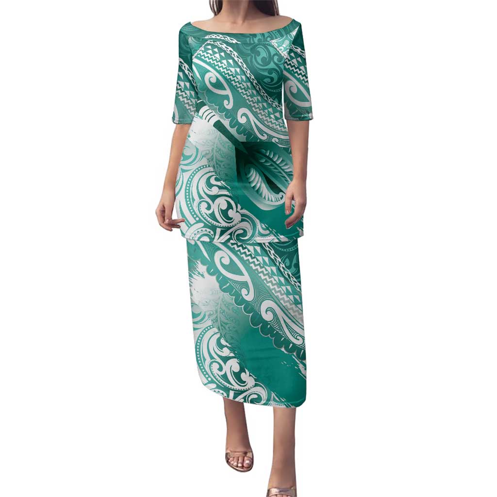 Personalised New Zealand Aotearoa Darts Masters Family Matching Puletasi and Hawaiian Shirt Maori Art Tattoo with Tribal Dart Symbol Teal Color - Polynesian Pride