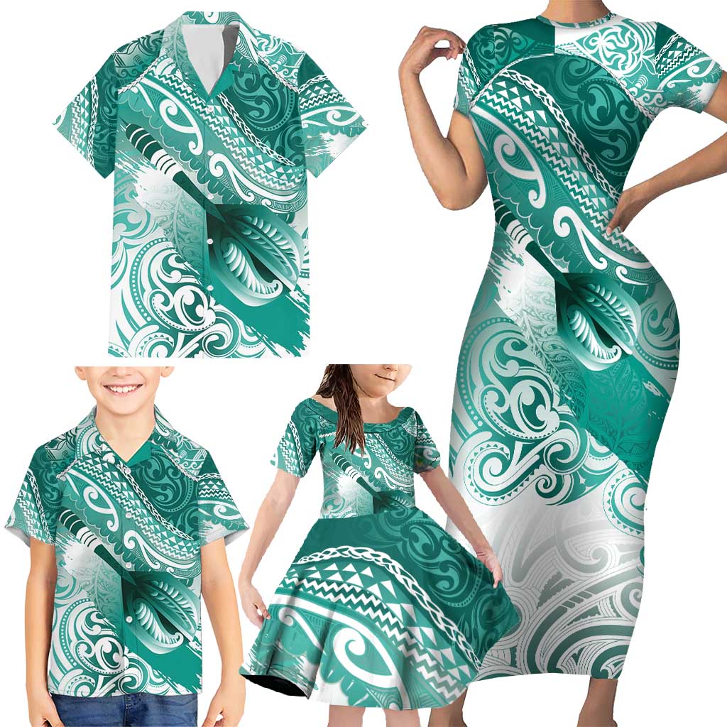 Personalised New Zealand Aotearoa Darts Masters Family Matching Short Sleeve Bodycon Dress and Hawaiian Shirt Maori Art Tattoo with Tribal Dart Symbol Teal Color LT03 - Polynesian Pride