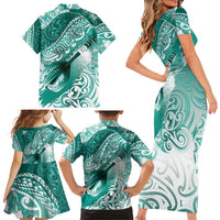Personalised New Zealand Aotearoa Darts Masters Family Matching Short Sleeve Bodycon Dress and Hawaiian Shirt Maori Art Tattoo with Tribal Dart Symbol Teal Color LT03 - Polynesian Pride