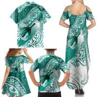 Personalised New Zealand Aotearoa Darts Masters Family Matching Summer Maxi Dress and Hawaiian Shirt Maori Art Tattoo with Tribal Dart Symbol Teal Color - Polynesian Pride