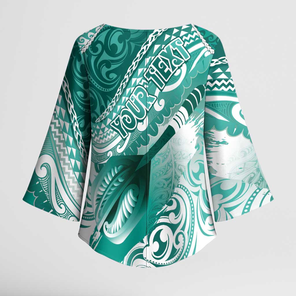 Personalised New Zealand Aotearoa Darts Masters Kimono Sleeve Blouse Maori Art Tattoo with Tribal Dart Symbol Teal Color - Polynesian Pride